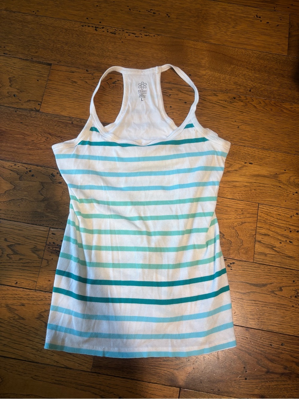 Y2K Old Navy Women’s Striped Racerback Tank Top with Peace Sign- White & Teal